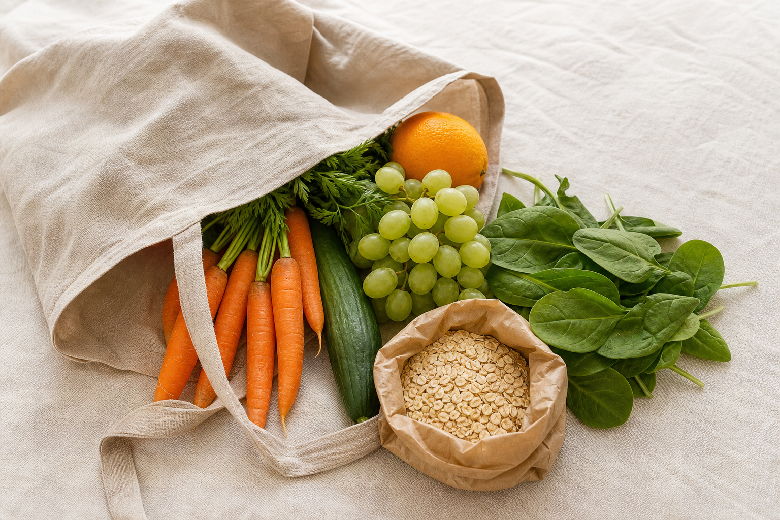 A linen tote bag with carrots, grapes, cucumber, spinach and oats on ivory linen