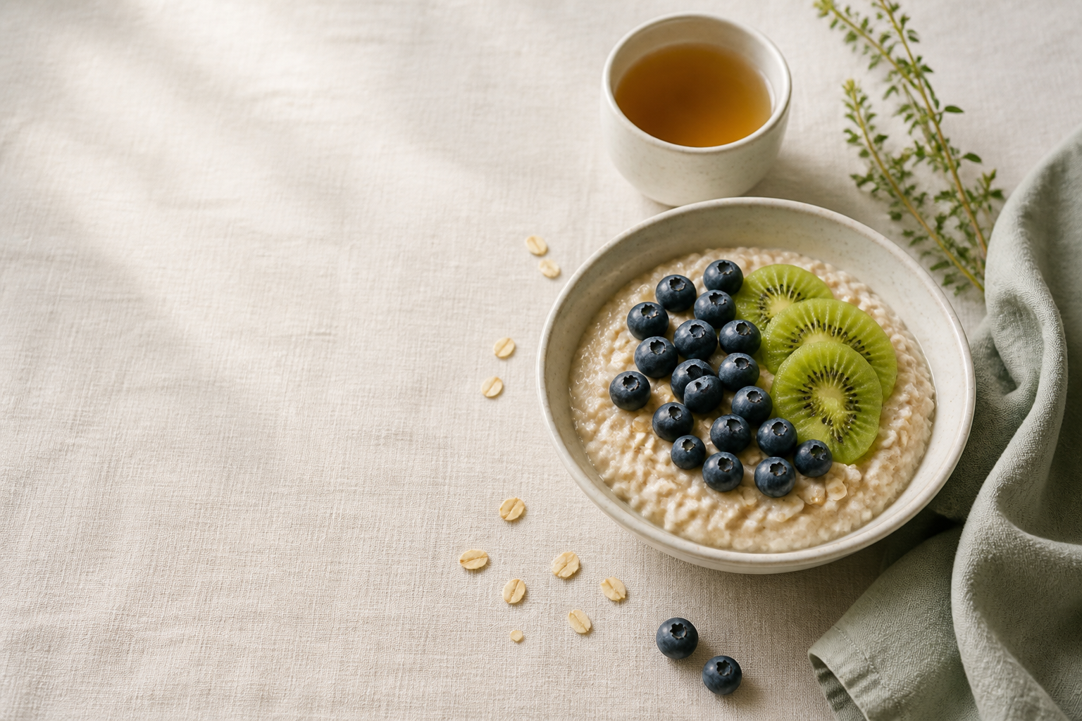 A calm breakfast table: oatmeal with blueberries and kiwi in a cream ceramic bowl on ivory linen