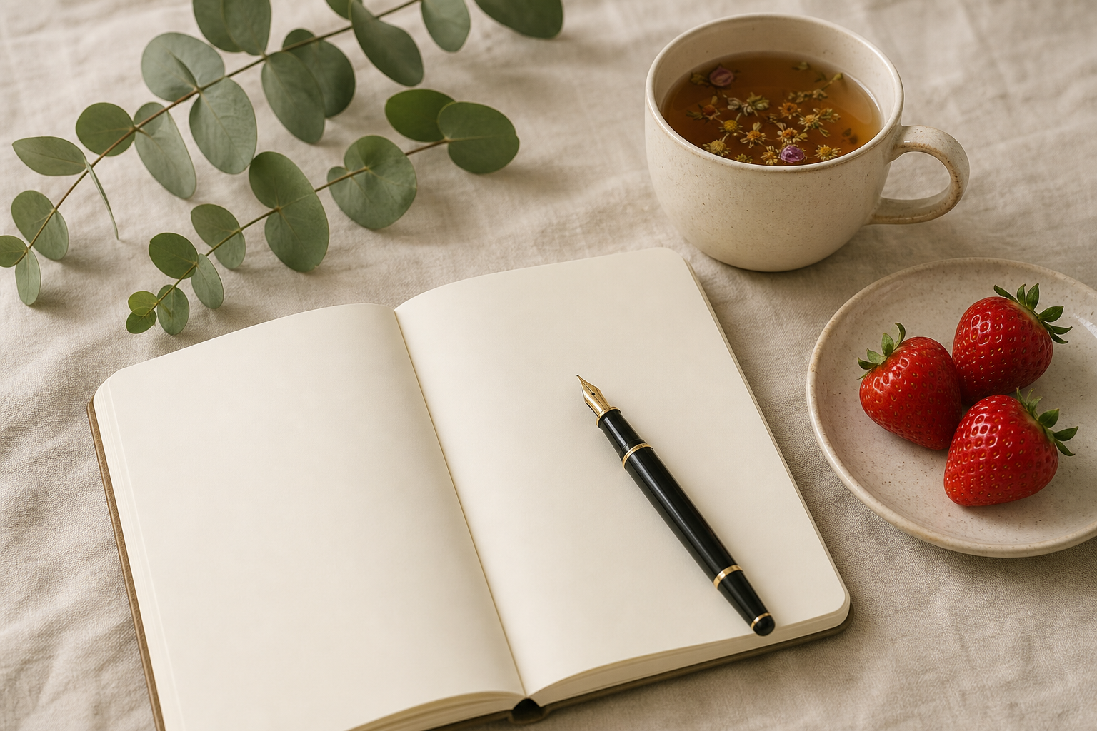 An open blank journal with a fountain pen, herbal tea and strawberries on ivory linen