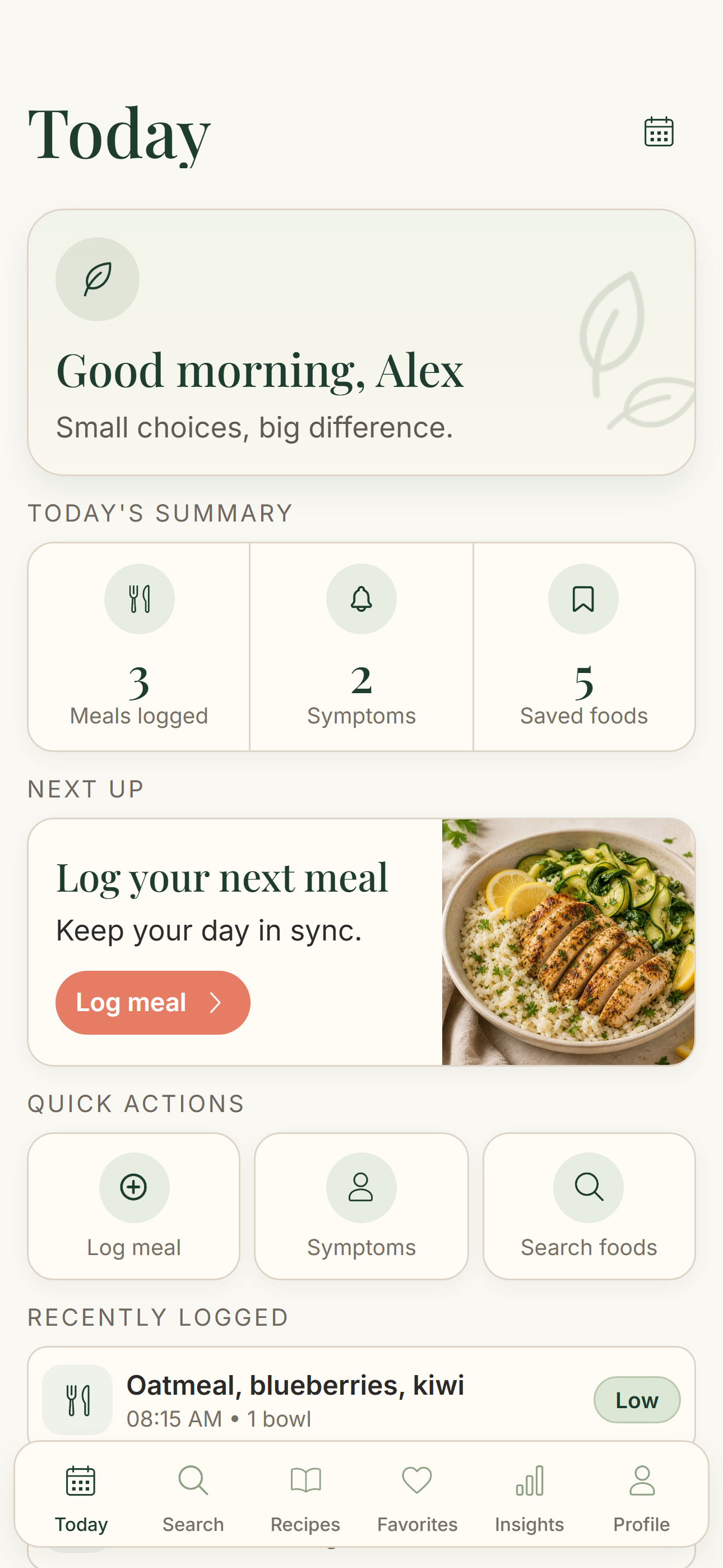 Better Belly Today screen showing meals logged, symptoms and quick actions