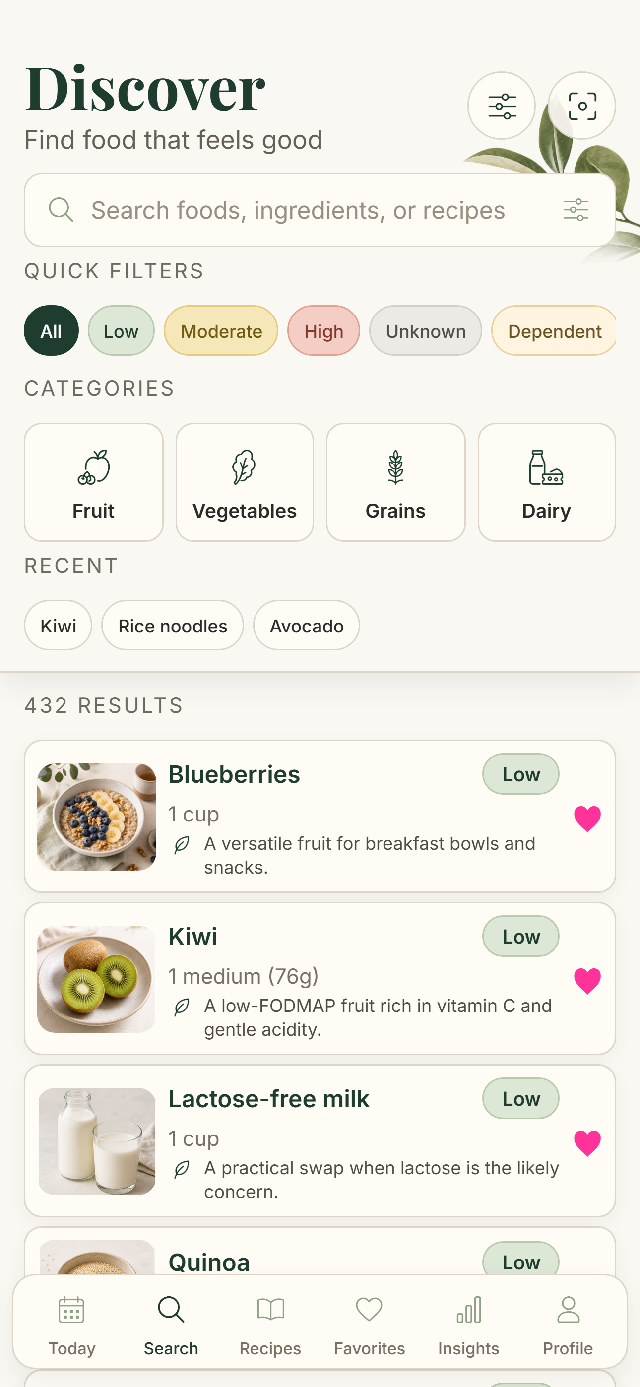 Better Belly search screen with categories and recent foods