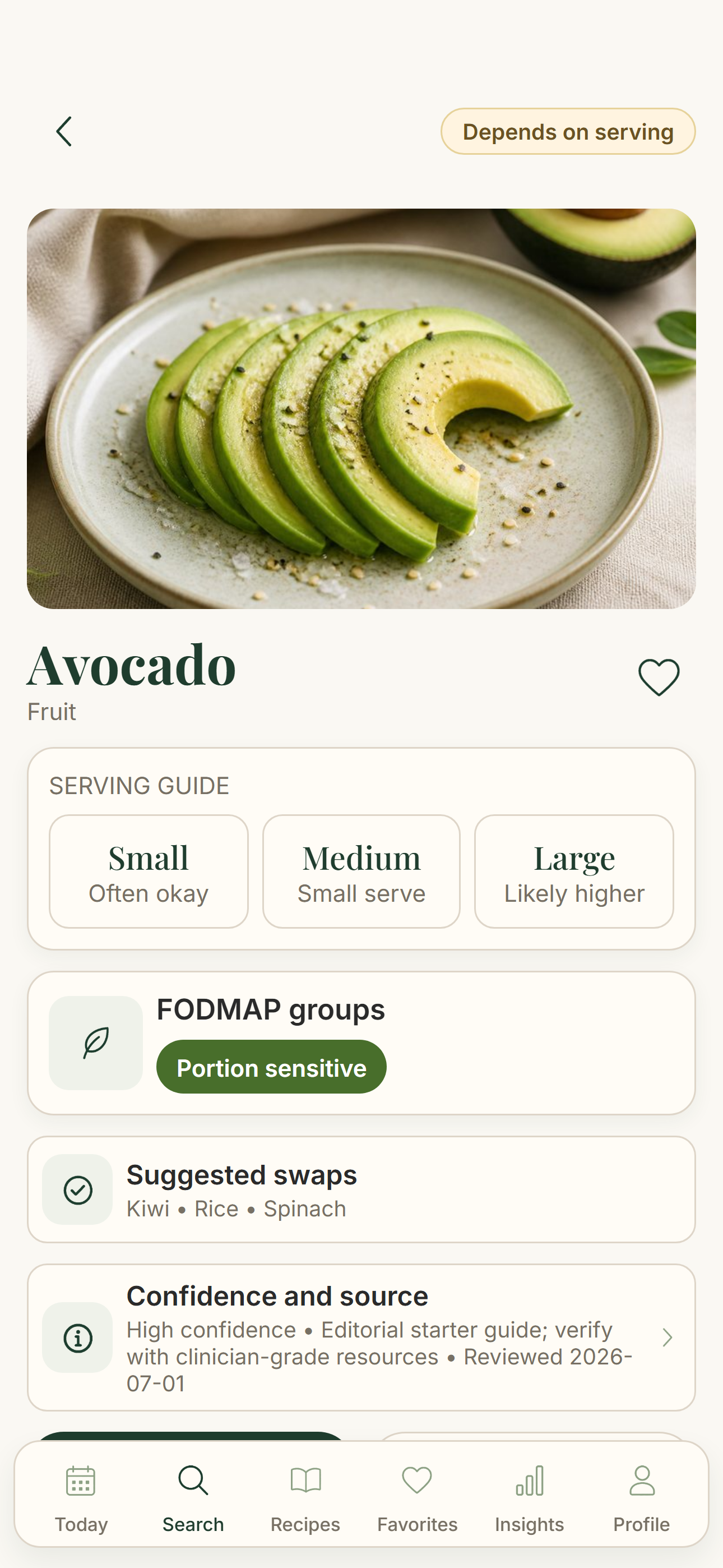 Better Belly food detail screen showing FODMAP rating and serving notes