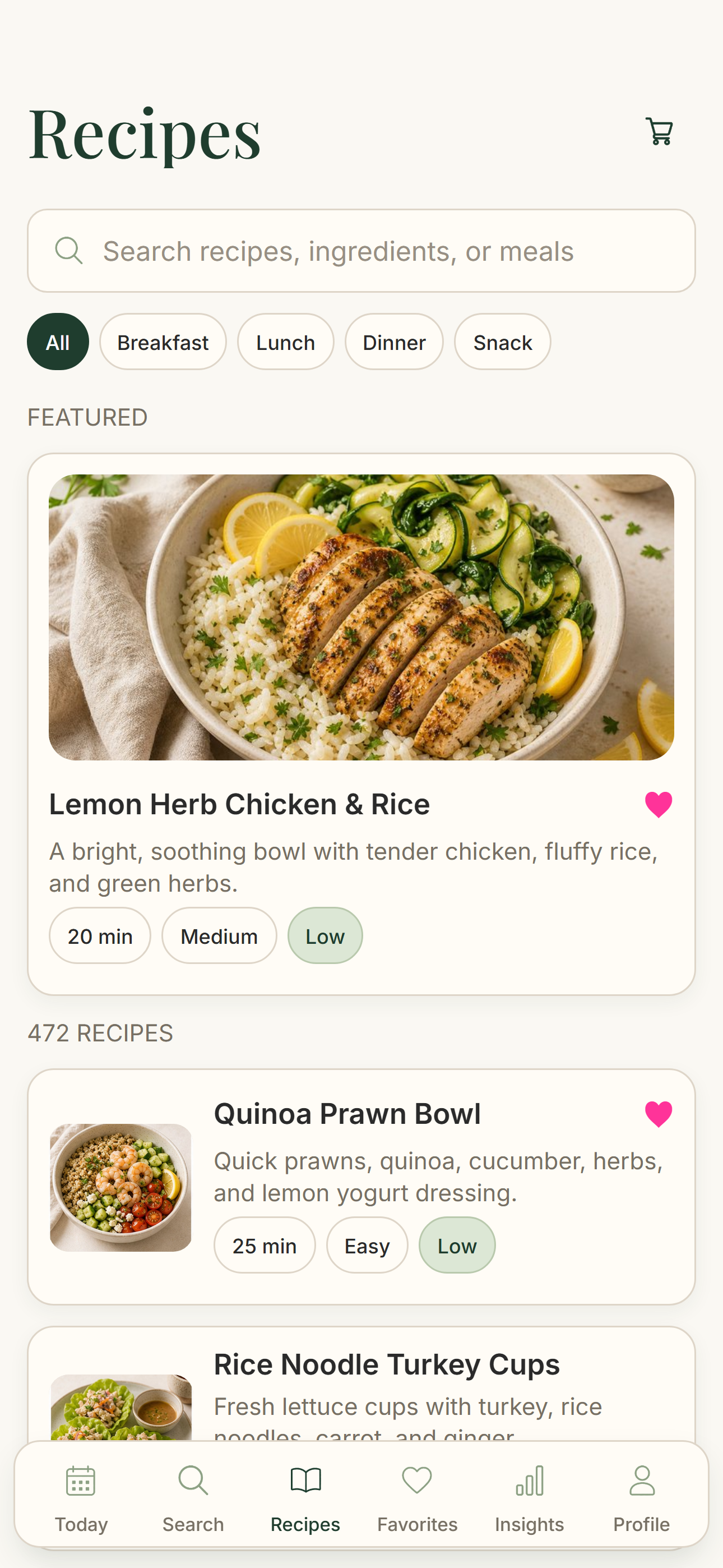 Better Belly recipes screen with featured low-FODMAP friendly recipes