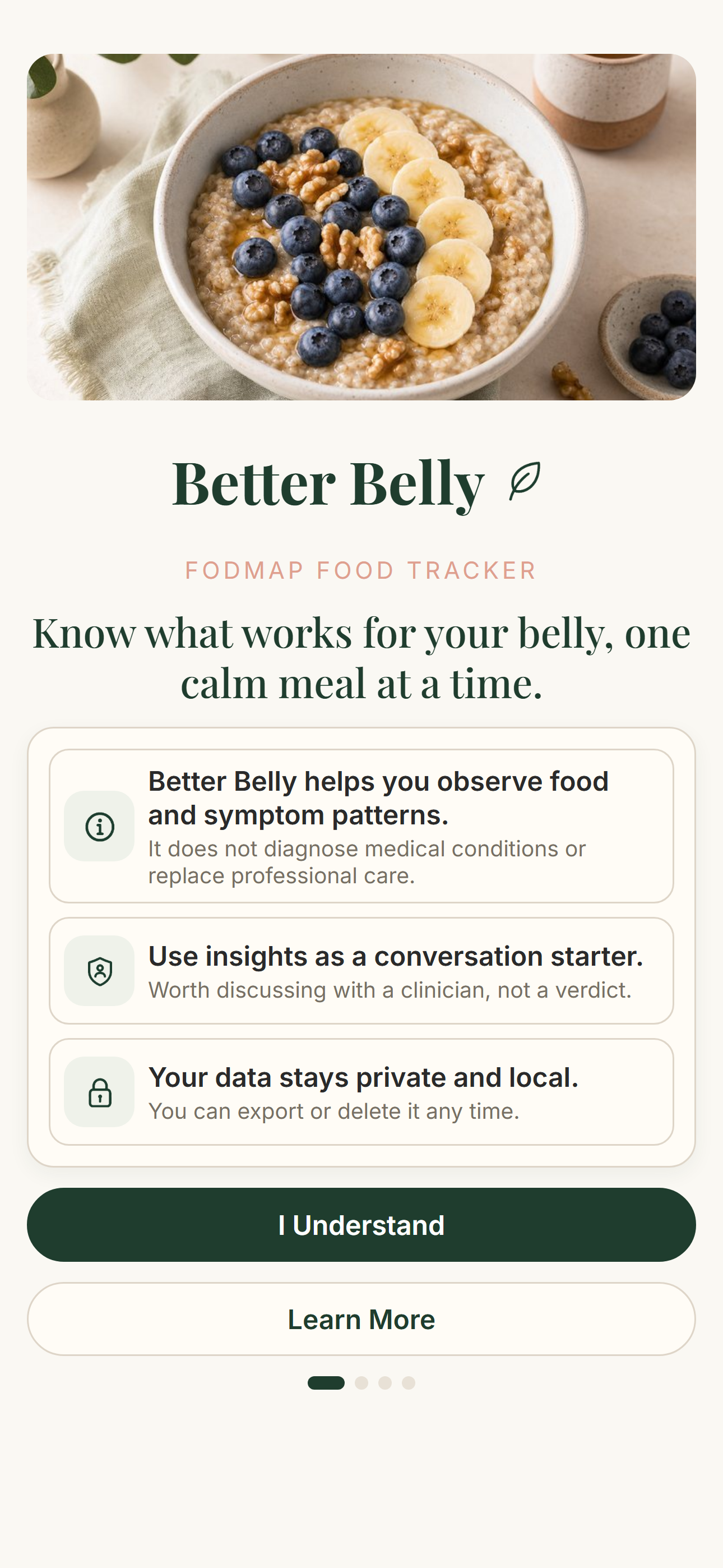 Better Belly onboarding screen with gentle goal selection